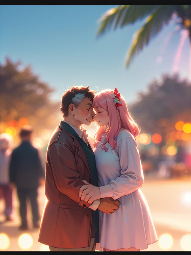 (Sumilux f1.4 50mm , low Latitude old color negative film , cross process , (bokeh), flare, chromatic aberration , soft focus, (Shallow focus) , soft glow , Maximum aperture, high Key , Transparent depiction , Tyndall)  , An elderly couple's lovey-dovey date , High sexual desire , loose body , clothed