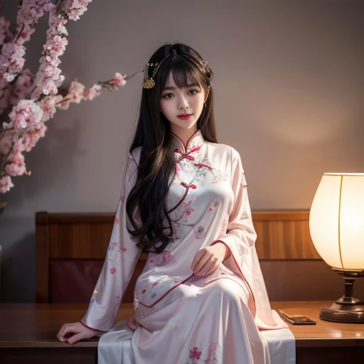 best quality, Delicate face，beautiful visual work, lifelike,  eternity, black hair, Long curly hair, blunt bangs, Smile, Detailed Background,  Delicate face，pink blush，cold，((masterpiece))、(top quality)、8k、high detail、Super detailed，21 years old female，Wearing Chinese cheongsam、Seductive and whimsical style、masterpiece、born、Scenes resembling fairy tale illustrations、Intricate details and complex designs、Beautifully、magic、capricious、 Beautifully、Dream aesthetics、「𝓡𝓸𝓶𝓪𝓷𝓽𝓲𝓬、ethereal、charming、fickle、magic」、Realism、Visual effects、FXAA、SSAO、Shaders、voiceless、ambient lighting、Tone mapping、High resolution、Ultra high quality、Million pixels、(8K resolution:1.10)、8k、Below 8K、8K resolution、high detail、intricate details， (high quality:1.2、masterpiece:1.2、:1.21)、(21 years old female:1.21)、(Smile excitedly)、(Surrounded by the dreamy atmosphere、Model diagram，full-body shot，Normal 2 feet，Don't show your fingers