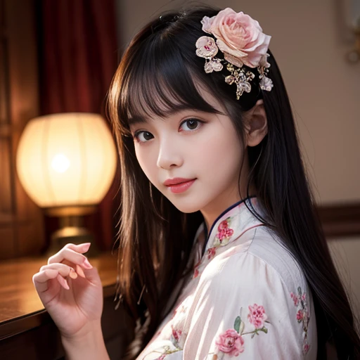 best quality, Delicate face,beautiful visual work, lifelike, eternity, black hair, Long curly hair, blunt bangs, Smile, Detailed Background, Delicate face,pink blush,cold,((masterpiece))、(top quality)、8k、high detail、Super detailed,21 years old female,Wearing Chinese cheongsam、Seductive and whimsical style、masterpiece、born、Scenes resembling fairy tale illustrations、Intricate details and complex designs、Beautifully、magic、capricious、 Beautifully、Dream aesthetics、「𝓡𝓸𝓶𝓪𝓷𝓽𝓲𝓬、ethereal、charming、fickle、magic」、Realism、Visual effects、FXAA、SSAO、Shaders、voiceless、ambient lighting、Tone mapping、High resolution、Ultra high quality、Million pixels、(8K resolution:1.10)、8k、Below 8K、8K resolution、high detail、intricate details, (high quality:1.2、masterpiece:1.2、:1.21)、(21 years old female:1.21)、(Smile excitedly)、(Surrounded by the dreamy atmosphere、Model diagram,full-body shot,Normal 2 feet,Don't show your fingers