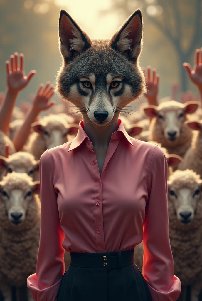 A sexy animal wolf of medium build dressed in pink soberly with a blouse up to the neck,with a haughty look and a malicious smile, Speaking in front of an audience of sheep who cheer her on, with arms raised to the sky as a candidate for elections 