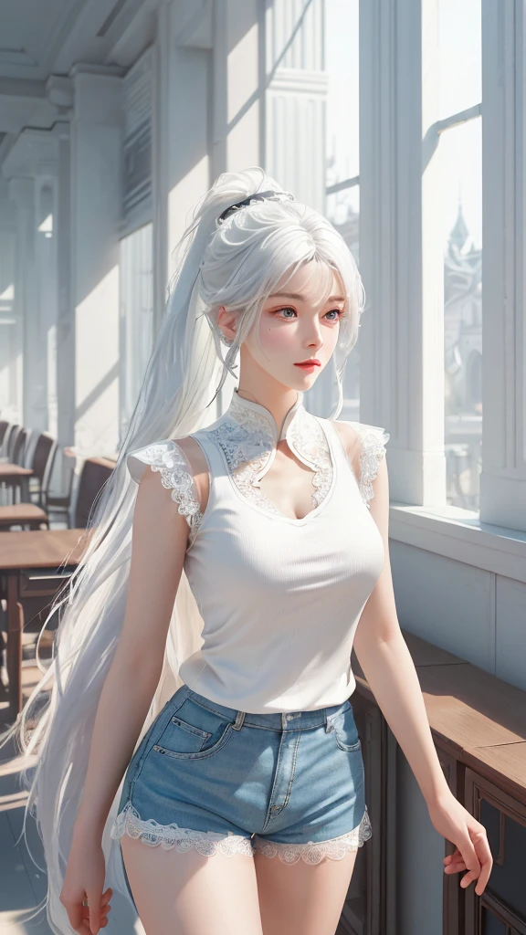 a white hair、Close-up of woman wearing white mask, beautiful figure painting, guweiz, guweiz style artwork, White-haired God, author:Yang Jie, Epic and beautiful character art, Stunning character art, author:Fan Qi, by Wuzhun Shifan, guweiz on pixiv artstation street, single ponytail, Side Mao Insult, high ponytail, tall figure, long legs, (sleeveless lace shirt), (shorts), (striped )), ((striped )), walk, elegant, dignified, feminine, Beautiful curves, sweet smile, Strong sense of detail and layering, Rich and gorgeous colors, Has a unique texture, colorful, Color harmony, vivid, design art, 16k, super detailed, {{illustration}}, {extremely delicate and beautiful}, {Sophisticated finish}, Super detailed, Exquisite glowing eyes, {{movie lighting}}, Extreme light effects, Model: realism, CFG scale: 12, lola: Bright texture (1.35), high quality, masterpiece, Exquisite facial features, Delicate hair depiction, Delicate depiction of eyes, masterpiece, best quality, Ray tracing, Extremely detailed CG unified 8k wallpaper, masterpiece, best quality, (1 girl), perfect female figure, (((tight white t shirt))), beautiful eyes, (delicate face), short black hair, hair tied up, Light blue hairpins, black silk frame glasses, in the classroom, (White skin), (best lighting), (Super intricate details), 4K unified, (super detailed CG), Showing white legs, , hot pants, shorts,