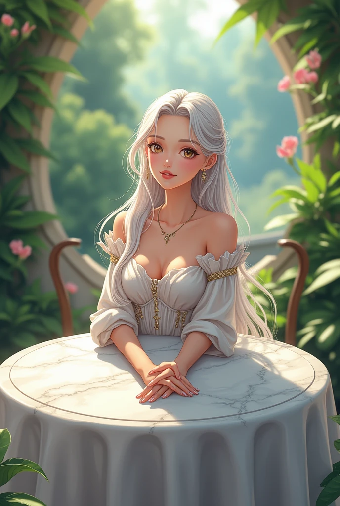 Young woman,Twenty-five years old, Beautiful face, Long white hair, Wearing Central European clothing, Big chest, Thin waist, Big butt, Sitting at a marble table in the garden, Anime style v3.0