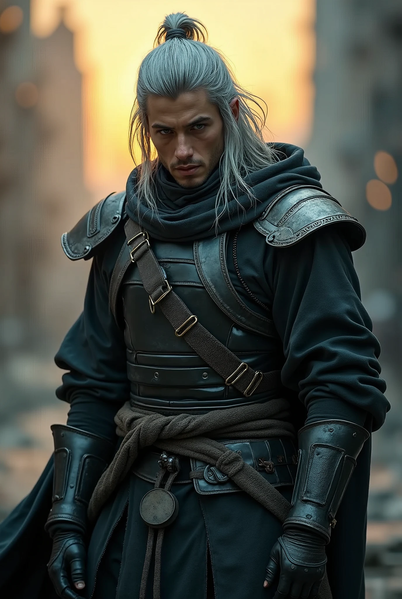 Hyper-realistic photograph of 20 year old Cyber Samurai style of a male warrior with rugged silver hair and cybernetic implants | merging futuristic armor/leather outfit with cyberpunk armor elements | flowing robes and high-tech armor plating | in a dystopian nightmare background | in a muted color palette | raw photography | golden hour lighting, intricate details