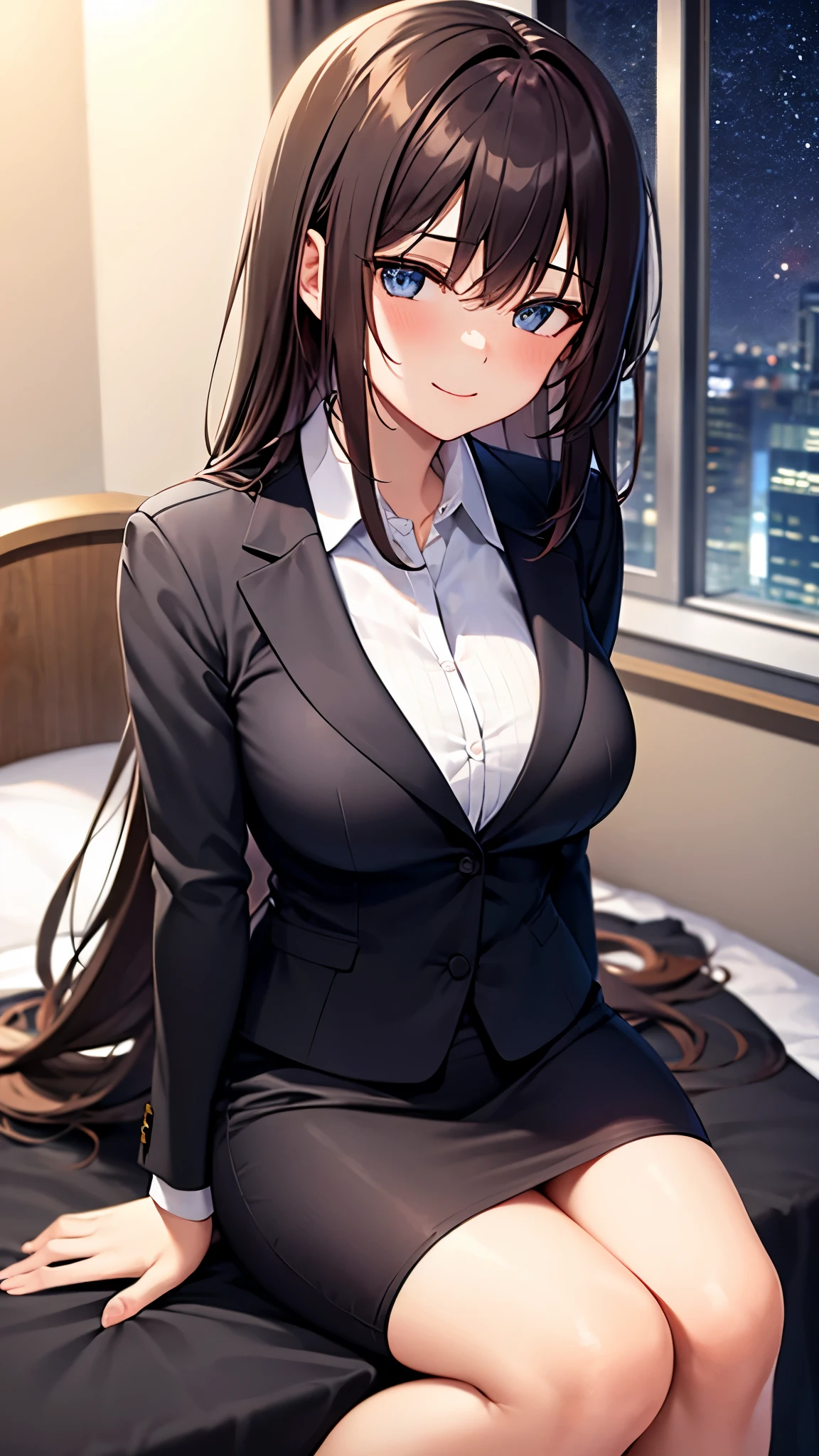 Brown Hair、Staring at the audience Black suspenders bulging big breasts wall: Black pantsuit sight Small face holster Beautiful woman Show your hand Lying in bed sight Taunt side side汗 arm Dress shirt Black Suit belt