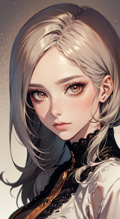 A painting of a woman gray hair black and an orange top, stunning anime face portrait, beautiful character painting, beautiful anime portrait, her image is rendered by red paint, presenting a stunning effect. The painting is very detailed, depicting women's faces and clothing. Her face has a creamy dripping effect, which makes the whole face more vivid. She wears a beautiful detailed outfit with pale gray hair. The proportions are accurate, and the costumes of the female characters are traditionally dressed, showing a classical charm.