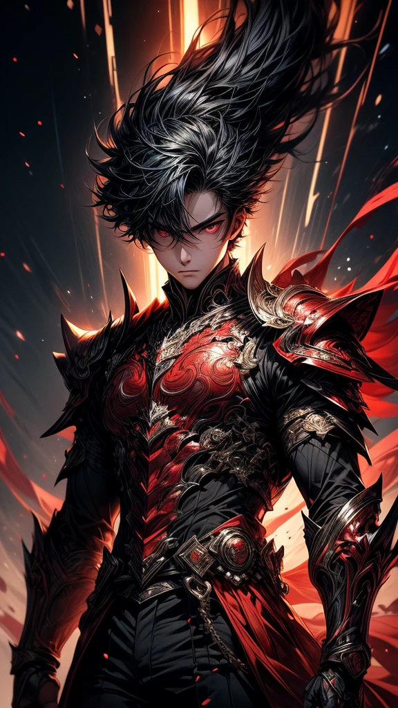 Masterpiece, best quality, high resolution, highly detailed, 1 young boy ( teenager 18 years old), young handsome face,  black hair ( light in the hair), red eyes ( glowing eyes ), cold expression ( cold look ), wearing black clothes and black pants, , surrounded by the splendors of the universe, pay attention to stunning details, and achieve a resolution of k, floating in a dynamic pose, high quality, with a majestic red aura of authority. Red aura emanating from the character, cold look, devoid of any emotion, dark background, black and read armour, six pack on armour, red glowing rupy on chest, detailed eyes, detailed face, looking straight, looking directly, 