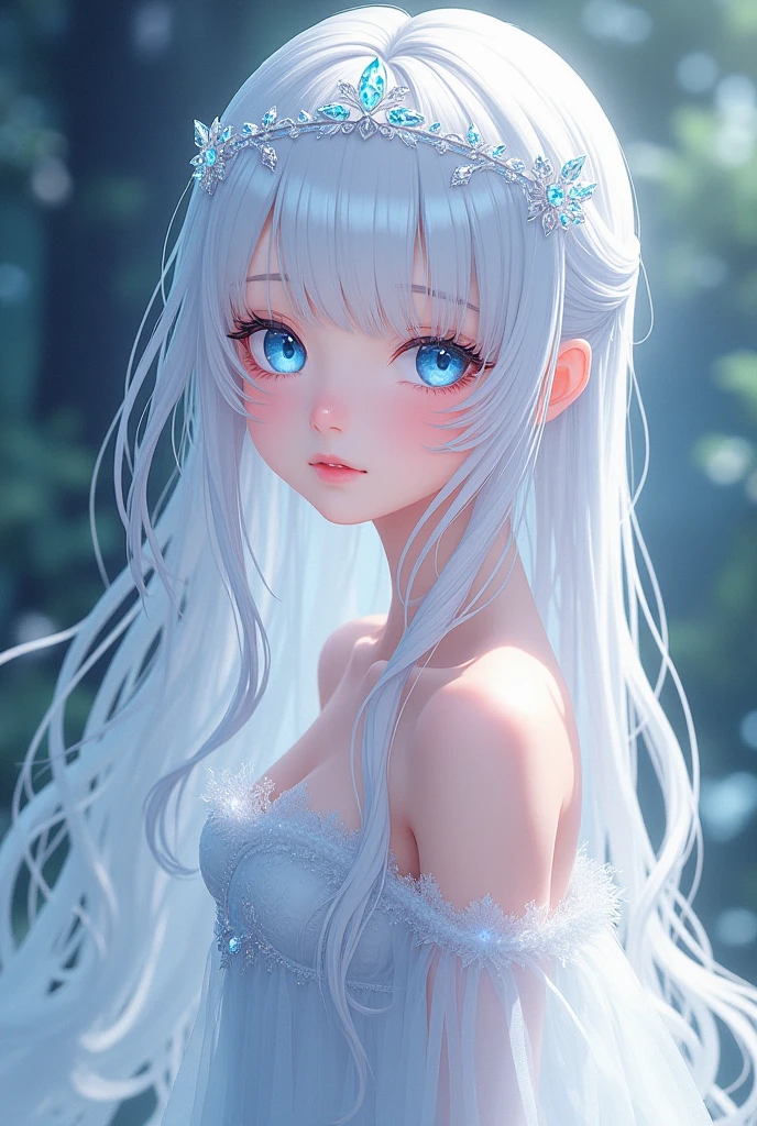 Create a young white-haired anime human girl, crystal eyes, wearing a white dress with fabric there , a crystal tiara,