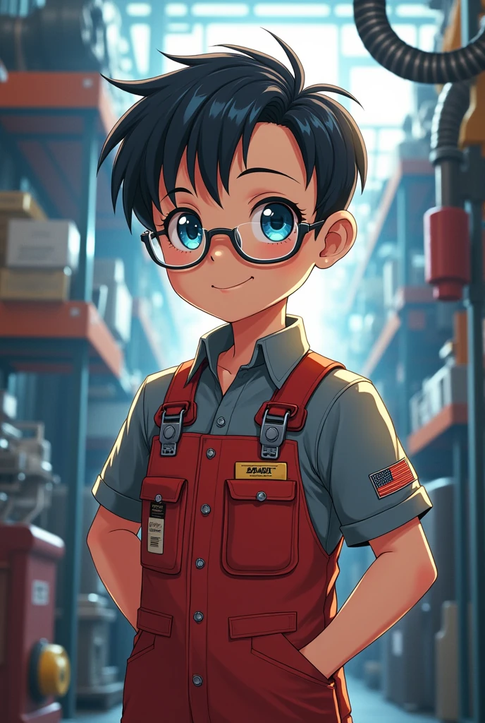 Anime in mechanic uniform with glasses