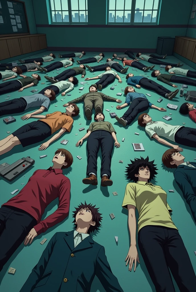 A classroom full of students of different sexes dead on the floor to the point where they can no longer see the floor.. anime styling.