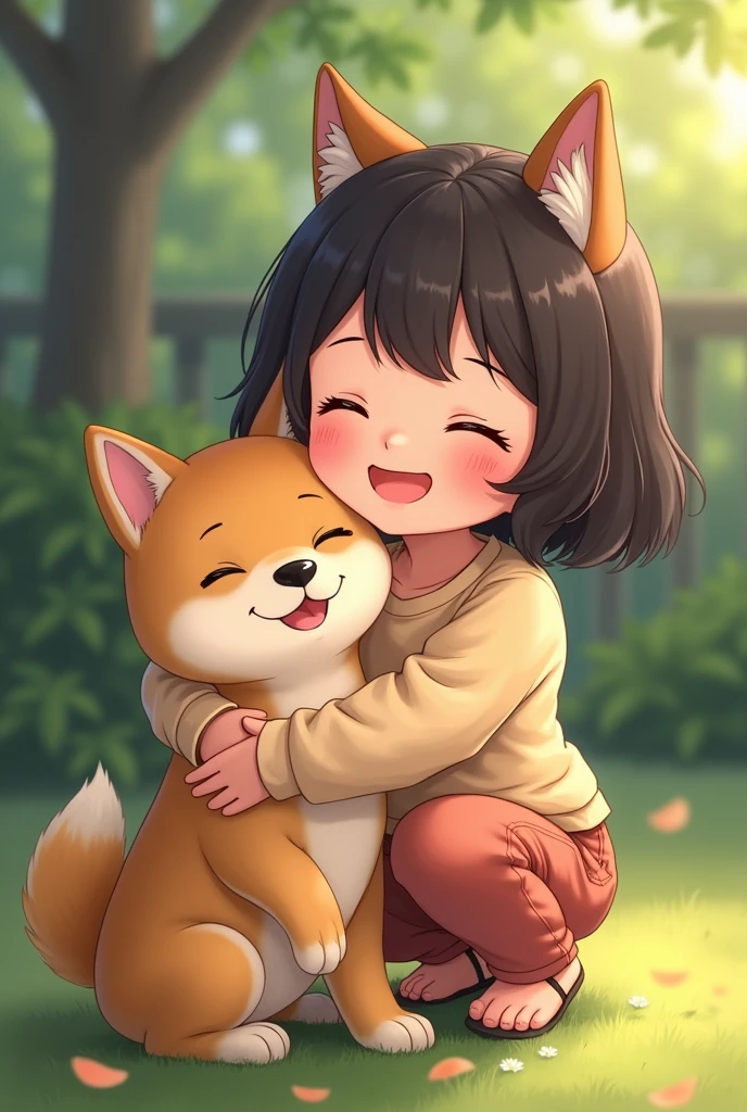 Girl hugging shiba inu