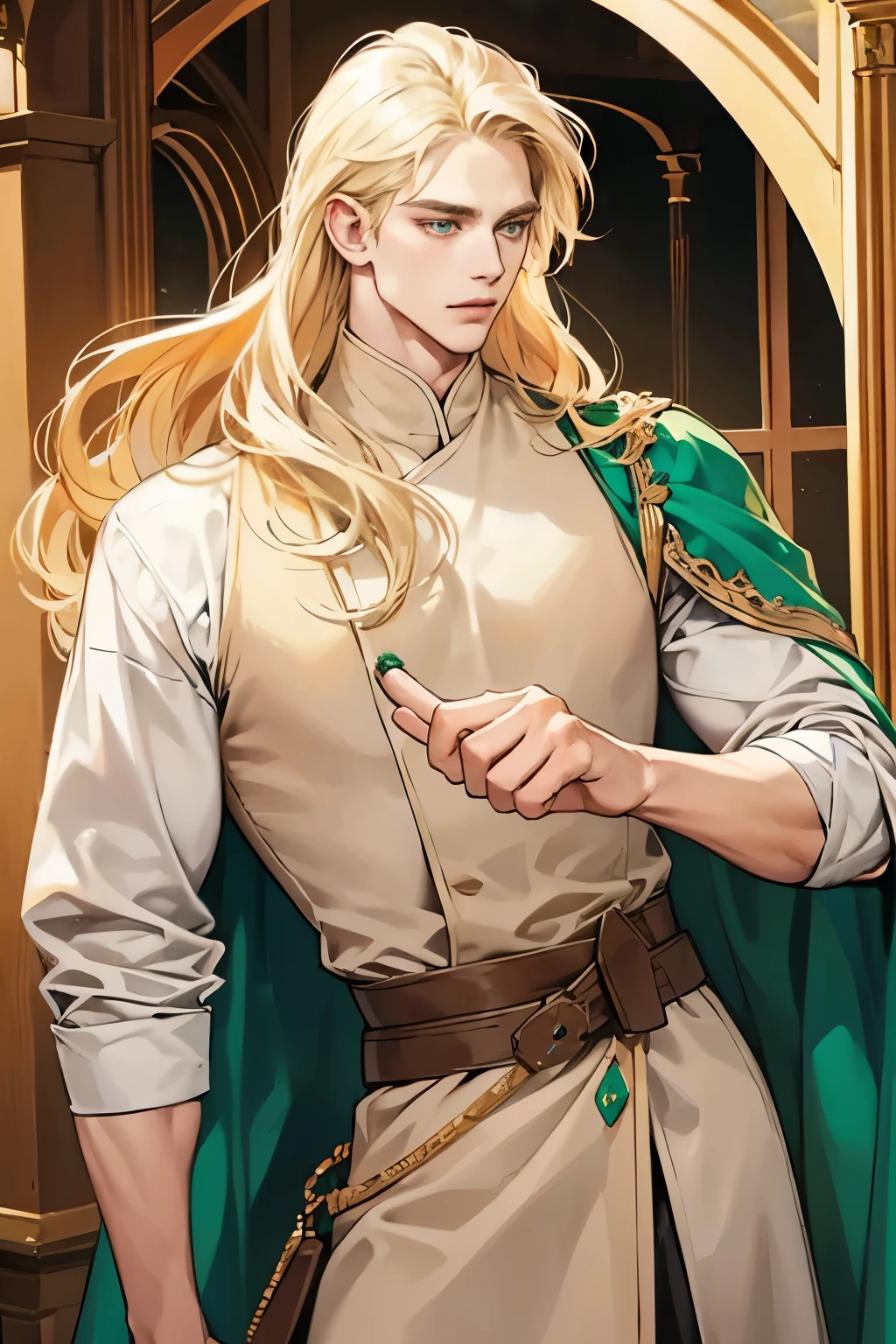 handsome masculine man, green eyes, ash blond hair, shoulder length long hair, green medieval noble clothes, light skin