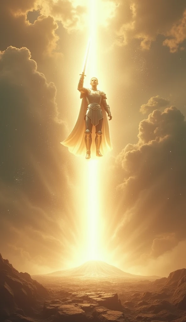 "A radiant knight in shining armor, holding a glowing, ethereal sword of light. The knight hovers in the air, ready to strike down with the sword, which is enveloped in a blinding white glow. As the sword descends, a massive pillar of pure light bursts from the heavens, engulfing everything in its path. The surroundings are bathed in a holy light, with the ground beneath cracking from the sheer force of the impact. The background is a celestial sky, with beams of light piercing through the clouds."