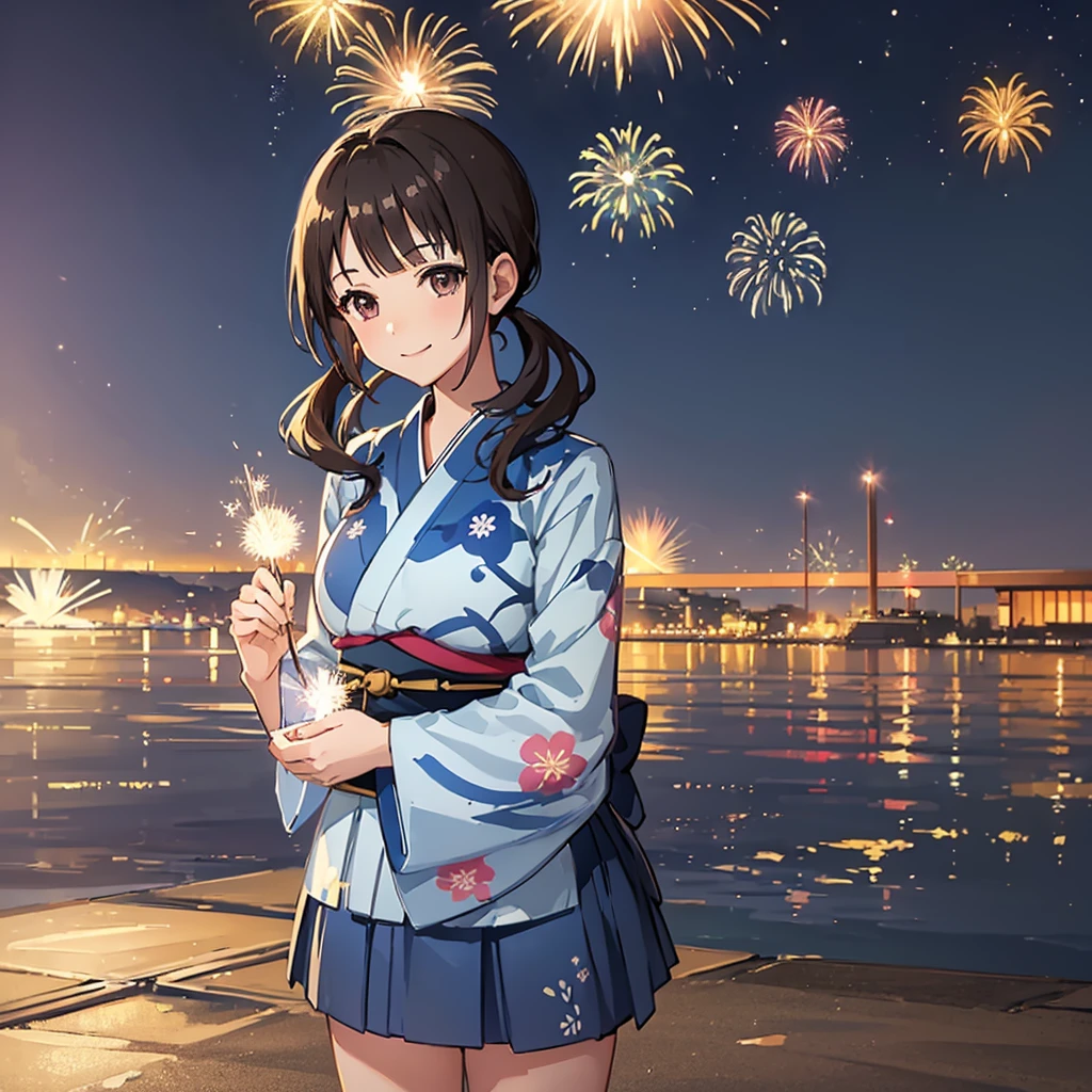 ((Highest quality,masterpiece))8k,Ultra-high resolution,Ultra-high resolution,Super detailed),okitasawa wearing a blue yukata with floral patterns, low twintails,,Beautiful and perfect face, Perfect Eyes,Standing,leaning forward,hands on knees,(fireworks festival,Night Coast),looking side,happy smile,geta