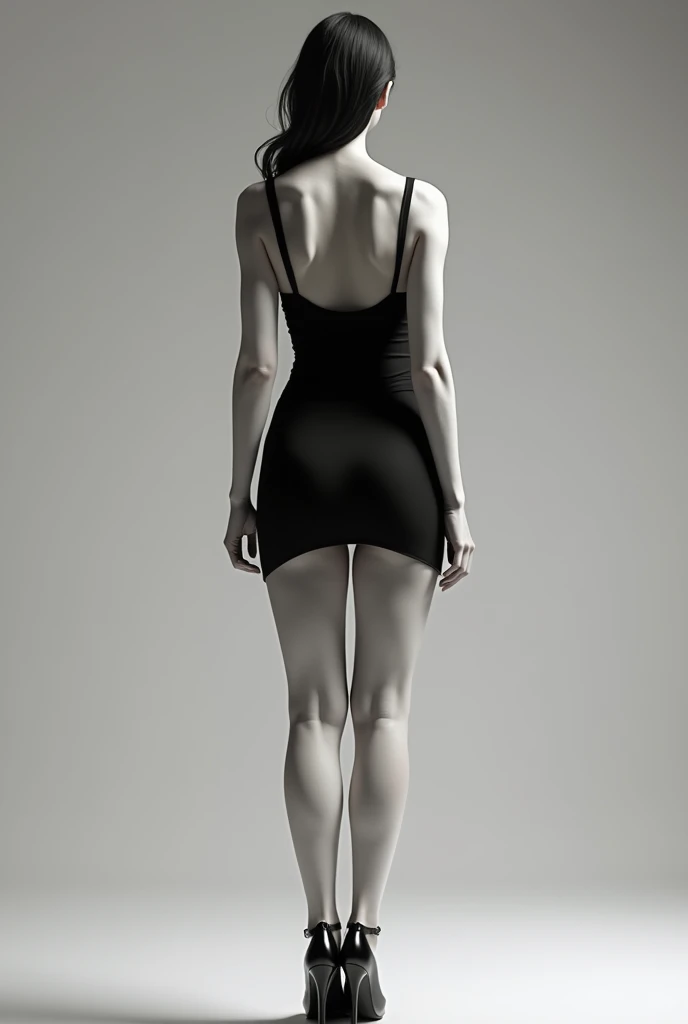 rear shot of woman with huge muscular calves, wearing a black dress and black high heels, pale skin complexion