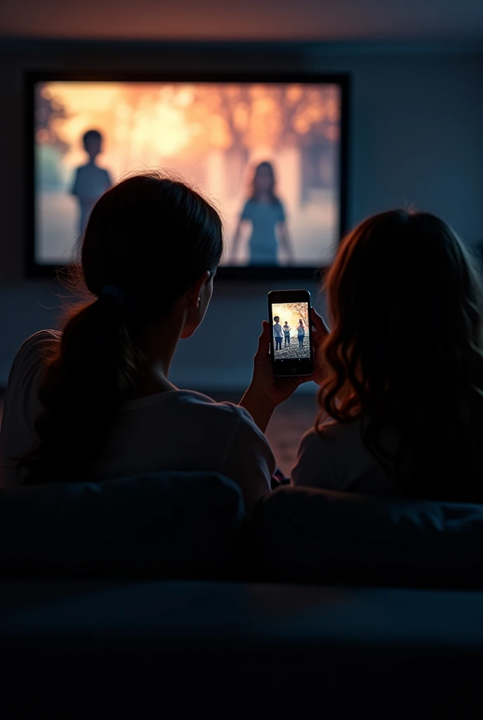 Create a photo with 1 person watching a movie while another person takes a photo on their cell phone next to them without showing their face without light and two teenagers 
