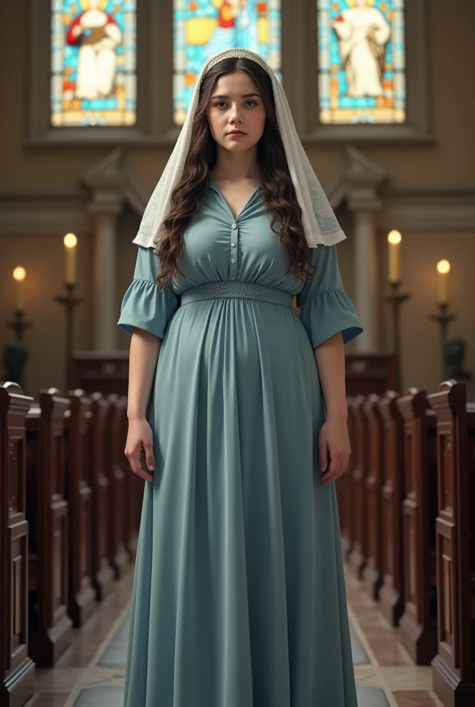  17 year old fat girl, white skin and brown eyes with almost long curly dark colored hair standing in a catholic church , with a light blue dress Modest and long and without necklines , and a veil used in masses for single women
