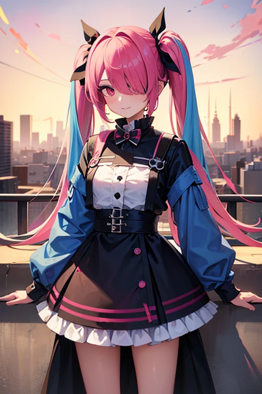 best qualityer, 1 girl, standing alone, peri, hair blue, hair over one eye, multicolored hair, twintails, pink  hair, Eyes red, two tone hair, ful dressed, ssmile, Burning city background, looking ahead at viewer 