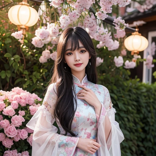 best quality, Delicate face,beautiful visual work, lifelike, eternity, black hair, Long curly hair, blunt bangs, Smile, Detailed Background, Delicate face,pink blush,cold,((masterpiece))、(top quality)、8k、high detail、Super detailed,21 years old female,Wearing Chinese cheongsam、Seductive and whimsical style、masterpiece、born、Scenes resembling fairy tale illustrations、Intricate details and complex designs、Beautifully、magic、capricious、 Beautifully、Dream aesthetics、「𝓡𝓸𝓶𝓪𝓷𝓽𝓲𝓬、ethereal、charming、fickle、magic」、Realism、Visual effects、FXAA、SSAO、Shaders、voiceless、ambient lighting、Tone mapping、High resolution、Ultra high quality、Million pixels、(8K resolution:1.10)、8k、Below 8K、8K resolution、high detail、intricate details, (high quality:1.2、masterpiece:1.2、:1.21)、(21 years old female:1.21)、(Smile excitedly)、(Surrounded by the dreamy atmosphere、Model diagram,full-body shot,Normal 2 feet,Don't show your fingers
