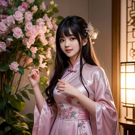 best quality, Delicate face，beautiful visual work, lifelike,  eternity, black hair, Long curly hair, blunt bangs, Smile, Detailed Background,  Delicate face，pink blush，cold，((masterpiece))、(top quality)、8k、high detail、Super detailed，21 years old female，Wearing Chinese cheongsam、Seductive and whimsical style、masterpiece、born、Scenes resembling fairy tale illustrations、Intricate details and complex designs、Beautifully、magic、capricious、 Beautifully、Dream aesthetics、「𝓡𝓸𝓶𝓪𝓷𝓽𝓲𝓬、ethereal、charming、fickle、magic」、Realism、Visual effects、FXAA、SSAO、Shaders、voiceless、ambient lighting、Tone mapping、High resolution、Ultra high quality、Million pixels、(8K resolution:1.10)、8k、Below 8K、8K resolution、high detail、intricate details， (high quality:1.2、masterpiece:1.2、:1.21)、(21 years old female:1.21)、(Smile excitedly)、(Surrounded by the dreamy atmosphere、Model diagram，full-body shot，Normal 2 feet，Don't show your fingers