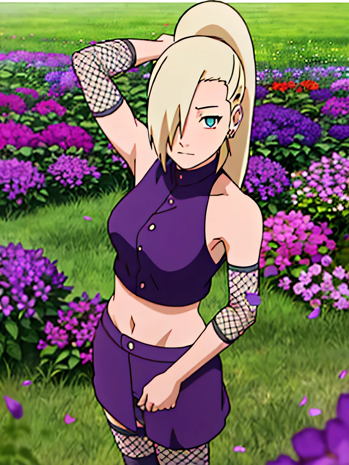 Ino Yamanaka, Ino Shippuuden, Underarms, hands holding very purple flower, posando, hair over one eye, high ponytail, blue colored eyes, work of art, standing alone, 1 girl, sleeveless, top cropped roxo, fishnet stocking, bared shoulders, trunk, very purple petals falling, field with purple flowers behind 