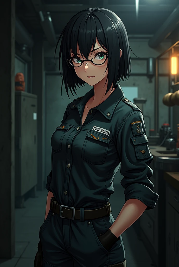Dark anime girl in mechanic uniform with glasses
