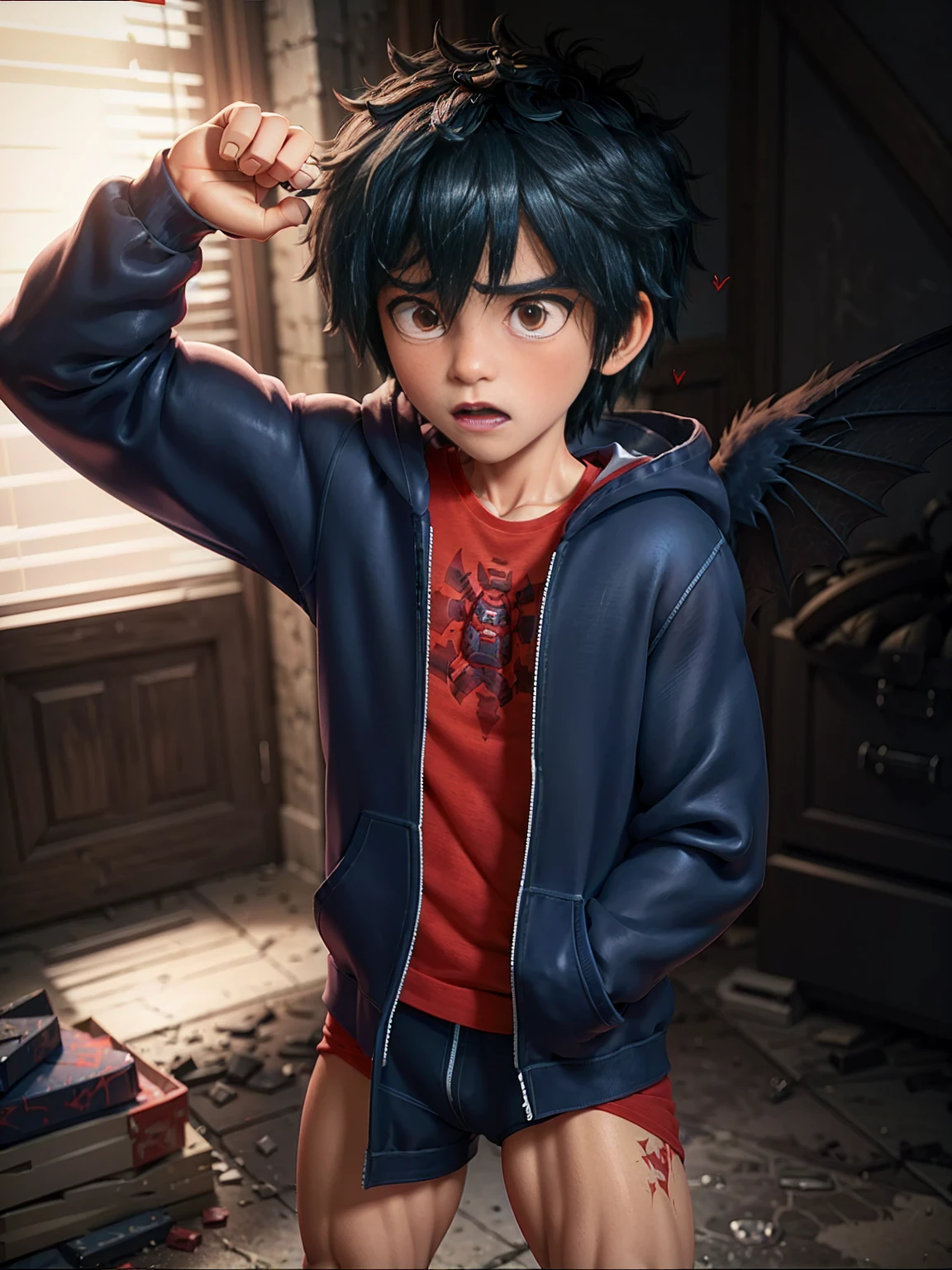 A boy with demonic wings is wearing a hero suit,Mouth wide open to express pain,profuse sweat and drool,,Showing strength, A well-trained body like a bodybuilder,Red shirt and navy blue hoodie,