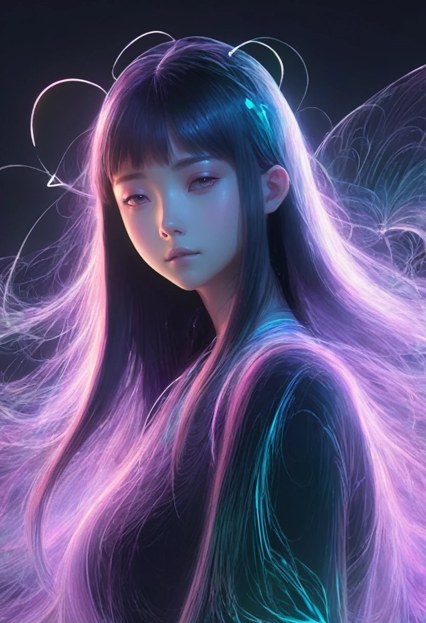 character concept design,1girl,half body,ojou-sama posture,incredibly long hair,light painting,time-lapse photography,Diffuse gradient,vertical random light line,colorful heart，Angel，Beautiful face