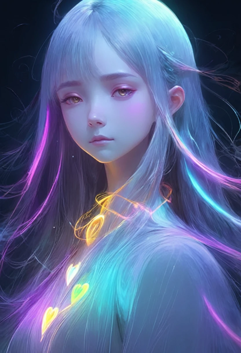 character concept design,1girl,half body,ojou-sama posture,incredibly long hair,light painting,time-lapse photography,Diffuse gradient,vertical random light line,colorful heart，Angel，Beautiful face