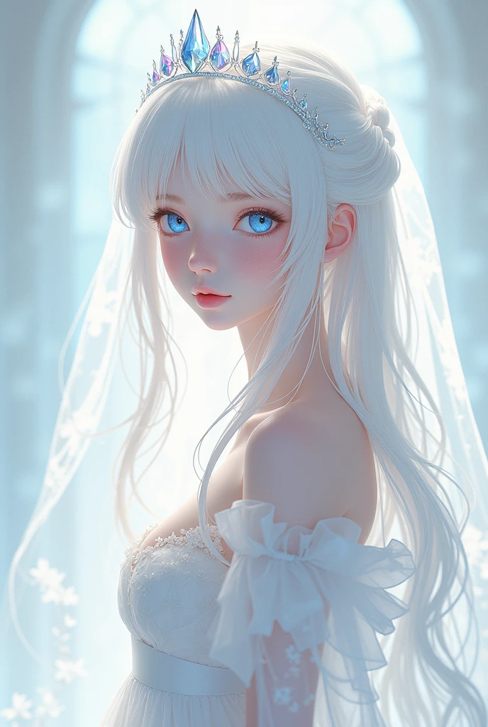 Create a young white-haired anime human girl, crystal eyes, wearing a white dress with fabric there , a crystal tiara with a veil 