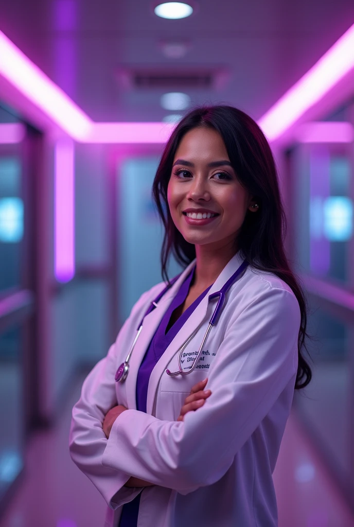 Create an advertisement for Dr.. Diana Paz Hernandez.
Use the color purple in different shades and a clinical environment in the background. Add the name of the doctor.. Diana Paz Hernandez y la palabra: "Neurosurgeon" as title Now convert the image vertically, en horozontal