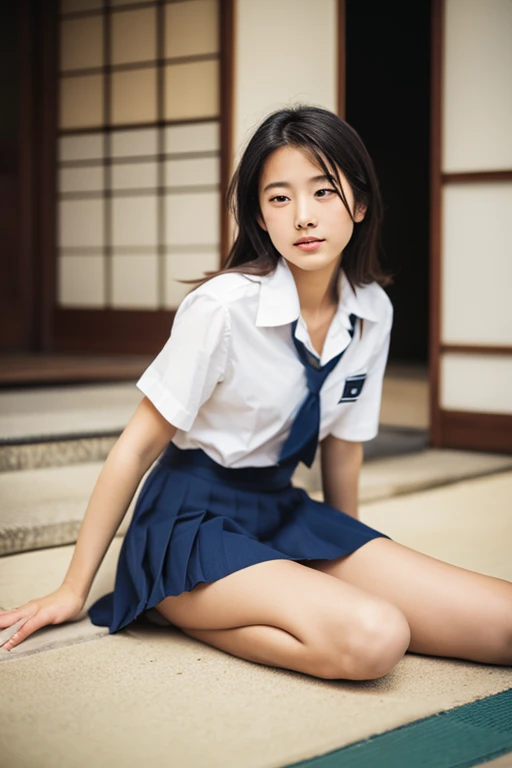 lens: 135mm f1.8,(Highest quality),(Tabletop:1.1), (Beautiful 16 year old Japanese girl),  (Moisturized lips), Narrow eyes, double eyelid,Delicate clavicle,Flat Chest,Shortcuts,
 (Let me me&#39;Let me&#39;Let&#39;s take another look), (close:1.4),  shame, A faint smile,
(Spotted sunlight:1.2), Dramatic lighting, 
(Taking off the uniform), (Sunburned skin:0.2),Full body photo、Full Body Focus、Sit on the floor with your legs open、Spread your legs wide、Skirt Lift
