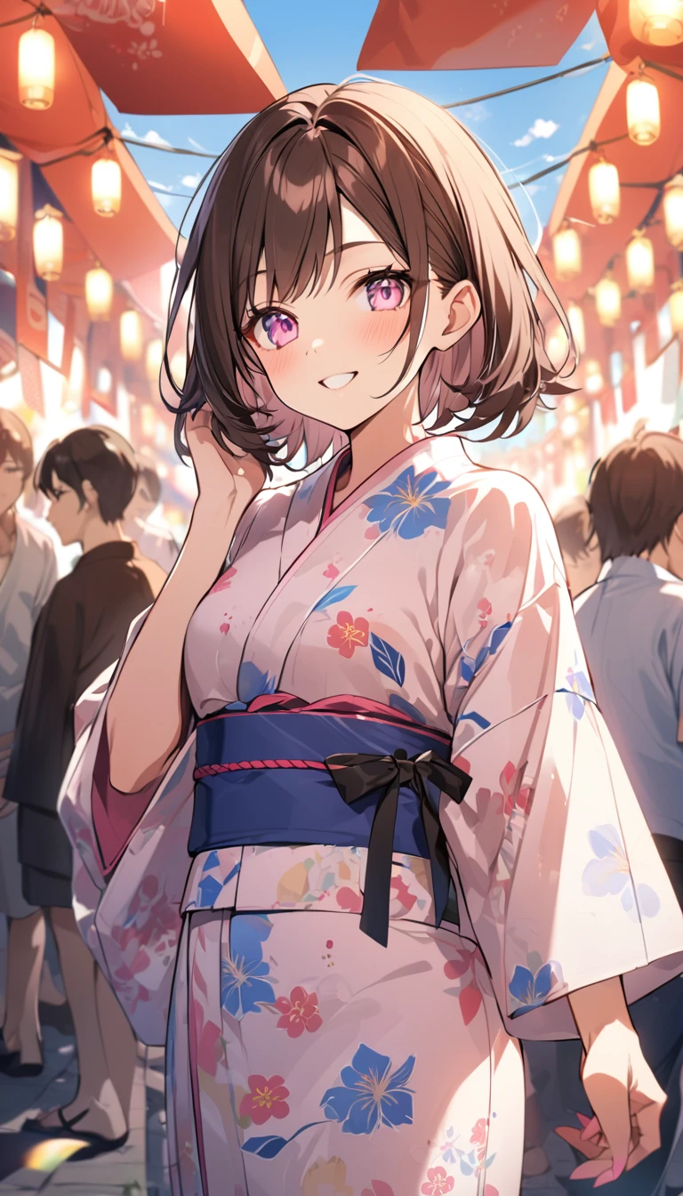 good looking, alone, 1 female, Medium Hair, Dark brown hair, Pink highlights on the tip, Pale pink eyes,Smile Facial,yukata,blue sky,festival