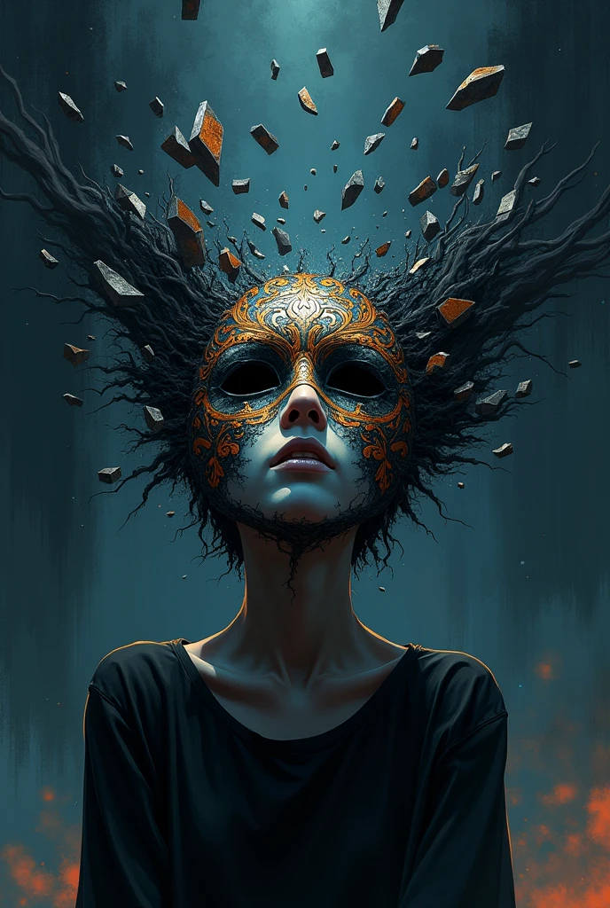 skin from chaos, dark atmosphere, eye explosion inside,