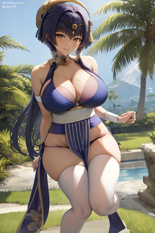 masterpiece, best quality, beautiful art, high resolution, well formed hands, body and fingers, 1 woman, solo, Candace, 31 years old, hair ornament,  adult, grown up, big breasted, cleavage,  full body, braided long hair, blue_japanese_clothes, wearing DOA Kasumi's blue kunoichi dress, sexy and skimpy japanese clothes, kimono peek, sleeveless, white stockings, gorgeous legs and thighs, she is doing exercise in the park, warming up, working out, sexy and captivating training, smiling joyfully and happily , looking at the viewer, , sweating , bouncing breasts, training montage session, beach environment  