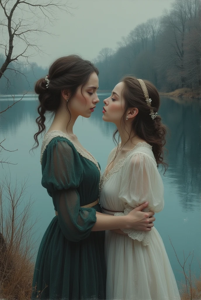 A beautiful girl singing by a serene lake, surrounded by a picturesque landscape painting of a cold, atmospheric scene, with a melancholic, bittersweet mood between the two figures who find it difficult to part ways, 1girl, detailed face, detailed eyes, detailed lips, elegant dress, singing, lakeside, landscape painting, cold atmosphere, thick brushstrokes, melancholic mood, bittersweet, (best quality, 4k, 8k, highres, masterpiece:1.2), ultra-detailed, (realistic, photorealistic, photo-realistic:1.37), oil painting, dramatic lighting, moody colors, cinematic composition