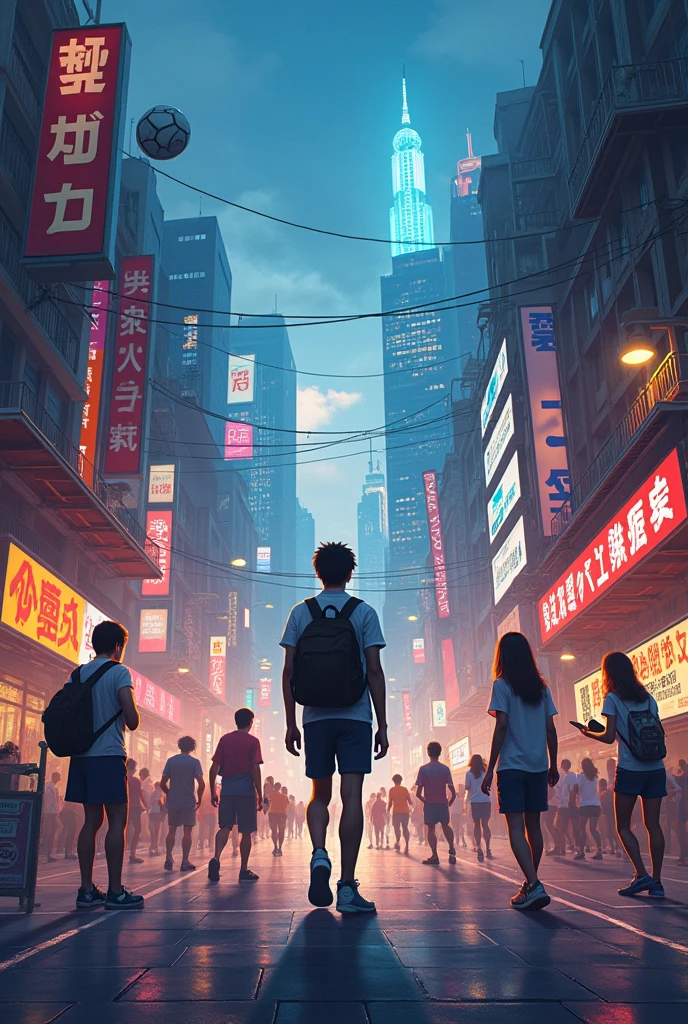 Create an image that describes your taste for the city, go out at night, study, playing soccer and walking in the city