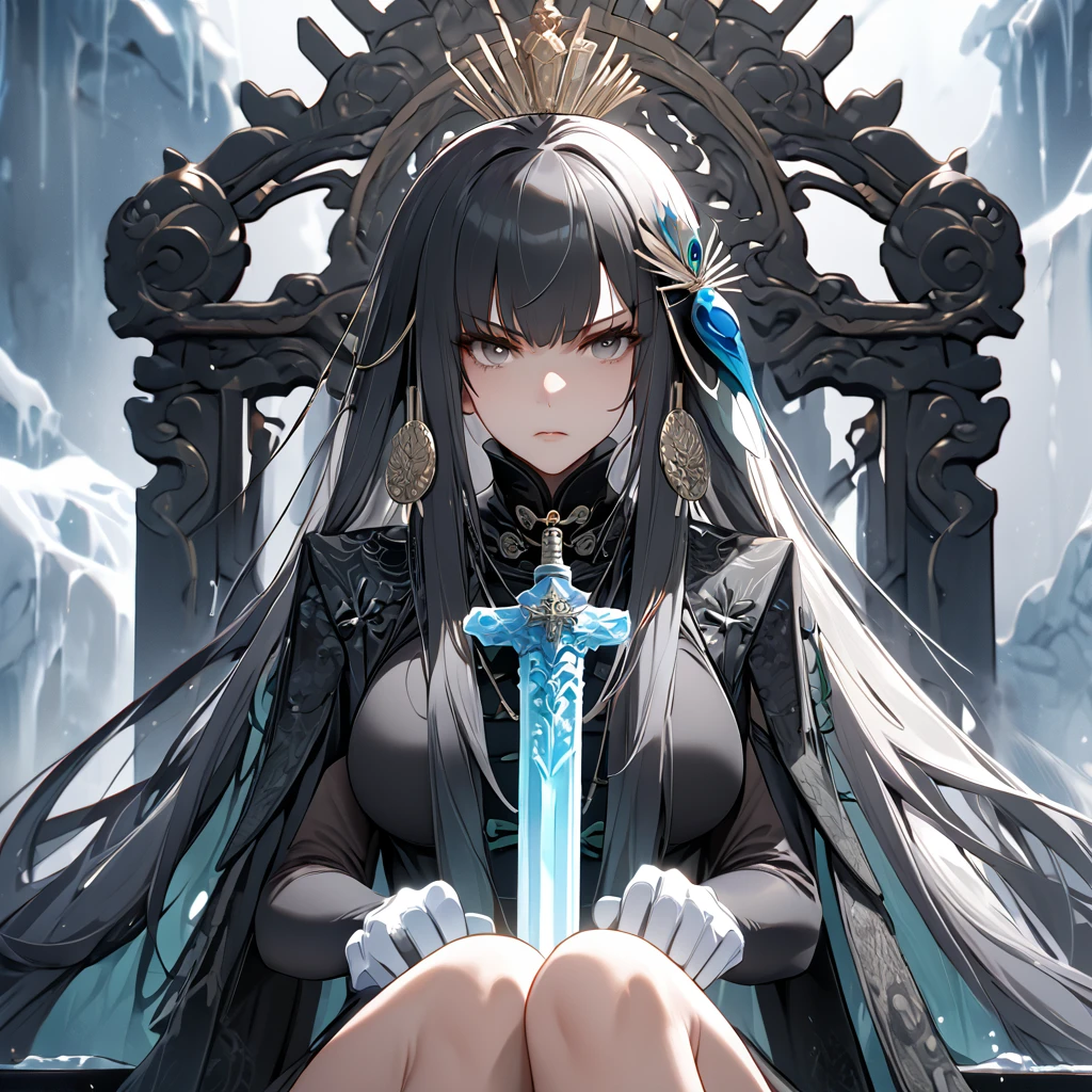 A woman with dark gray hair, long hair, diamond barrette in her hair, gray eyes, wearing black Chinese attire with white details, with peacock feather sleeves, holding an ice sword, sitting cross-legged on a large throne made of ice, ice throne, in a large room with Chinese aesthetics, cold fog in the background, serious face, big breasts. Punishing_Gray_raven, Qu. UHD, masterpiece, accurate, anatomically correct, textured skin, super detail, high quality, best quality, 8k, high resolution, bokeh effect.(solo woman),white gloves, close view.
