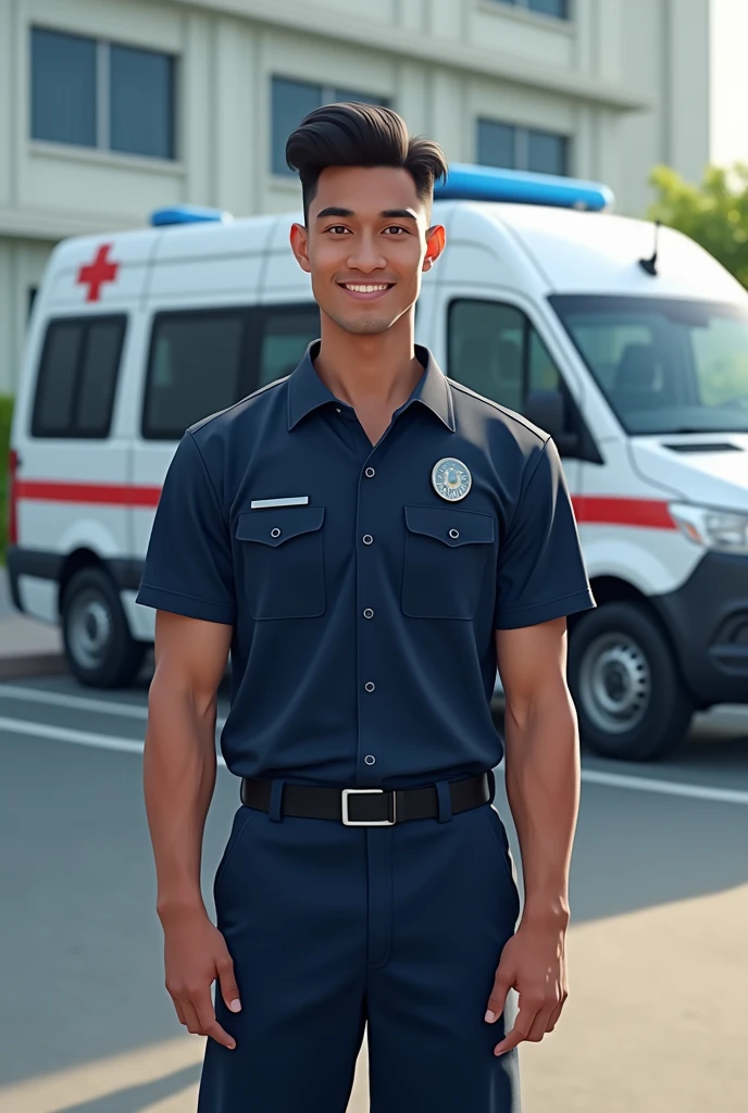 A 35 year old Indonesian man, 172 cm tall and weighing 75 kg, is standing next to an ambulance in the hospital building parking area. He wore a dark blue security uniform with a badge on his chest. In an upright and relaxed position, he faces forward with a faint smile. His athletic build is clearly visible through the form-fitting uniform, highlighting his strength and fitness.