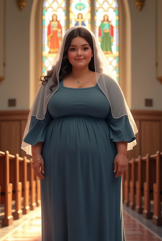  17 year old fat girl smiling, white skin and brown eyes with almost long curly dark colored hair standing in a catholic church , with a light blue dress Modest and long and without necklines , and a veil used in masses for single women
