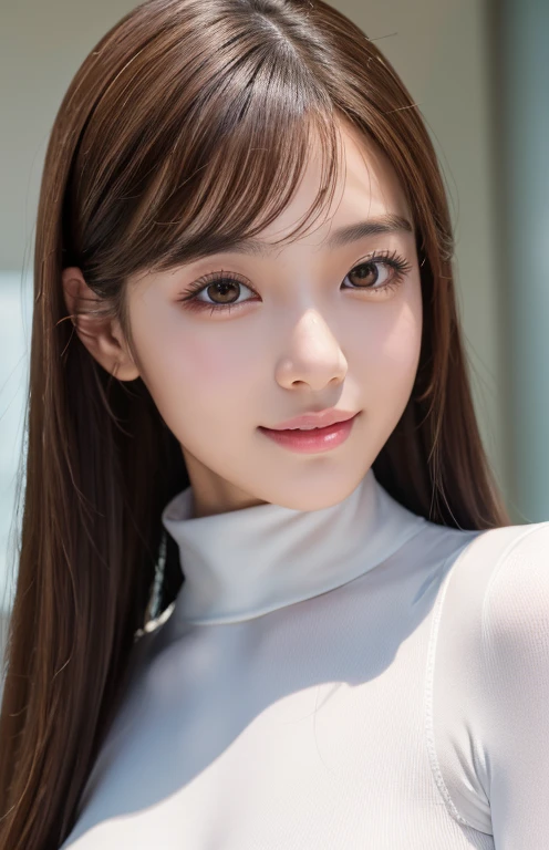 Latex bodysuit、Knee-high boots、Huge 、Long brown hair、Shiny, Oily skin、Glowing Skin、Indoor competition pool、White skin、(RAW Photos), (Realistic), (masterpiece), (Highest quality), High resolution, 8k resolution, (Intricate details), (Lightweight and voluminous), Portraiture, woman, Medium Hair, Straight hair, Layered Hair, Brown Hair, Highly detailed eye, Very thin eyebrows, Highly detailed skin, Highly detailed mouth, Highly detailed nose, Cute like an idol, smile, ((Thick lips)), ((look into the viewer&#39;eye)), (Shapely breasts), (Cleavage), , (Westshot), Bright cafe terrace background with city view, Randomly oriented bodies