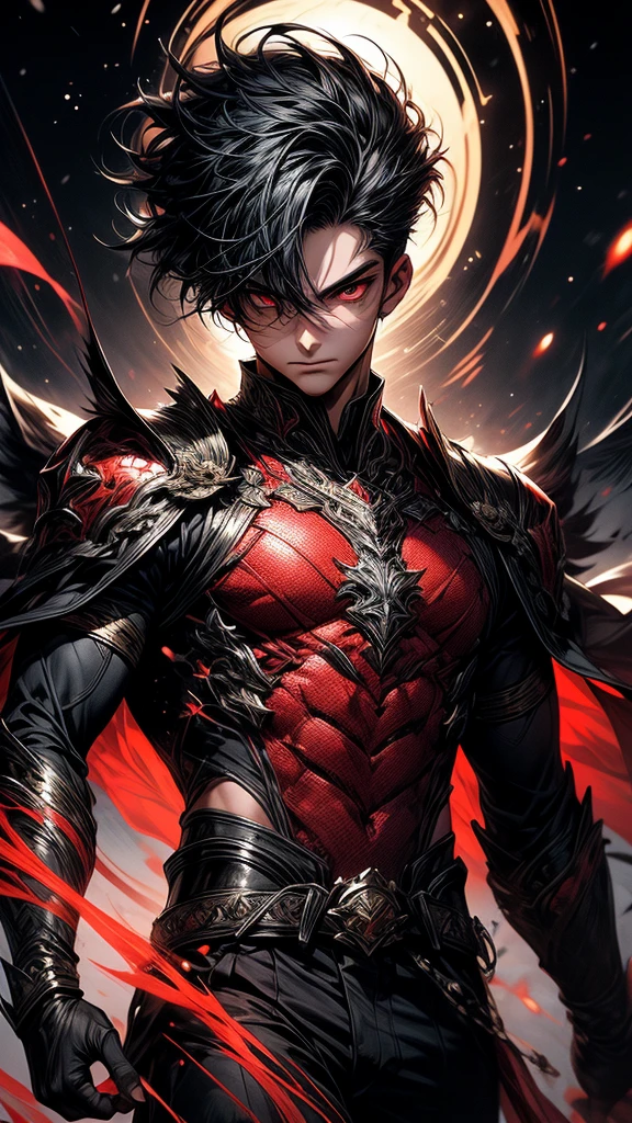 Masterpiece, Best quality, {Best quality}, {{Masterpiece}}, {A high resolution}, {{{field field}}, The is very detailed, illustration, ,1 male,AS-Adult,Handsome,Tall muscular man,a broad shouldered,Delicate eyes and delicate face,Shirtless,Red inch,Red eyes,combats,Sharp eyes,Fierce expression,fang,Dragonfly wings on the back,There are tentacles on the top of the head,Romantic, Sharp focus, Male focus,Scars on the body,Messy rocks,Broken trunk