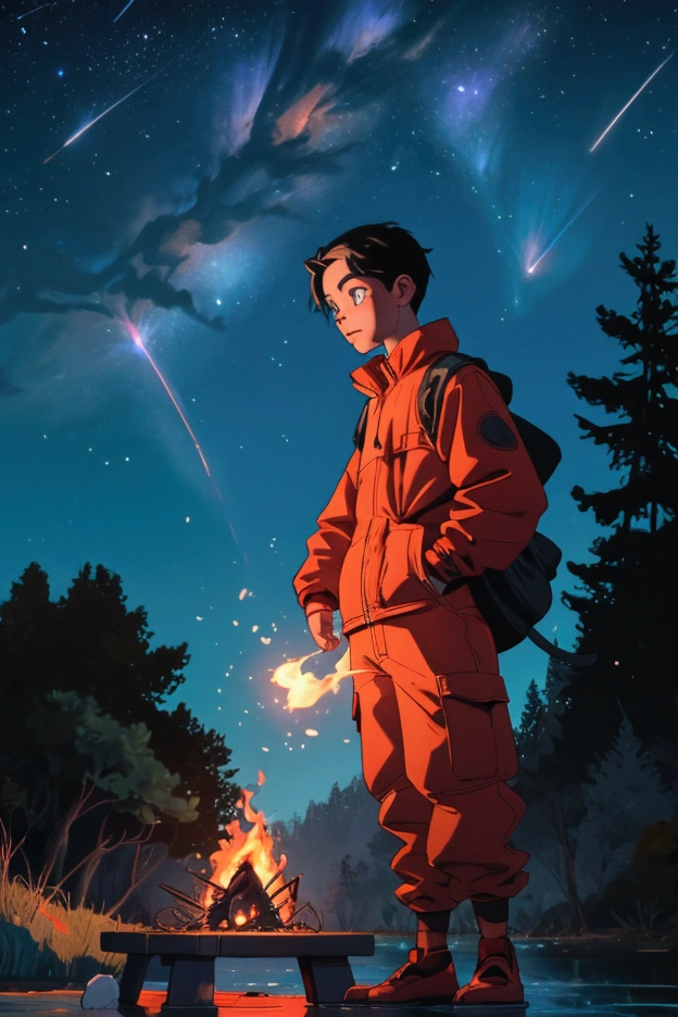 create an image of a boy in front of a lake roasting a machimelo on a fire in the company of a cat near the fire looking at shooting stars in the sky