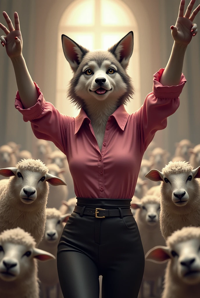 A sexy animal wolf of medium build dressed in pink soberly with a blouse up to the neck,with a haughty look and a drooling mouth, Speaking in front of an audience of sheep who cheer her on, with arms raised to the sky as a candidate for elections