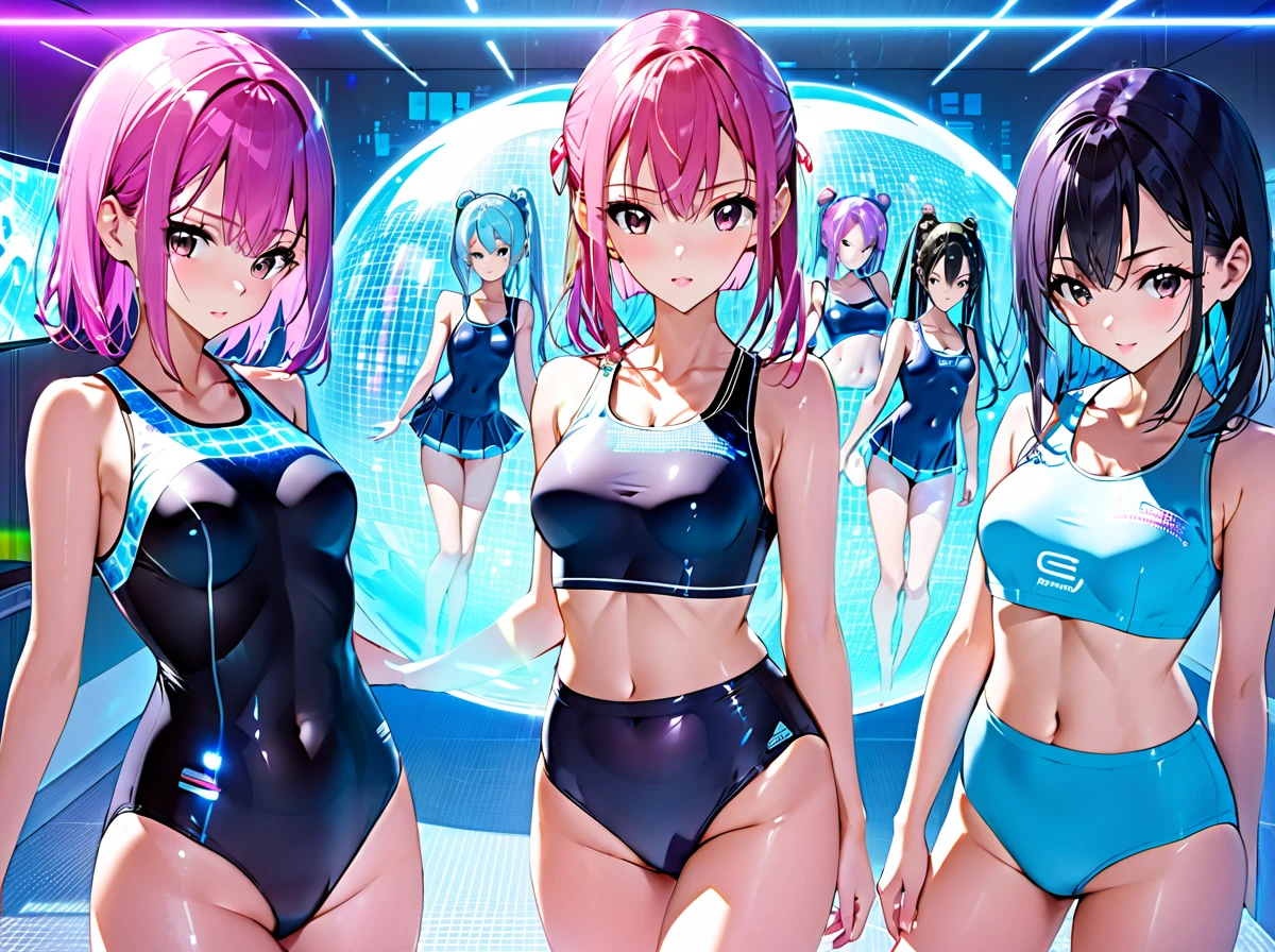 School swimsuit 3girls, cyber world, hologram, School swimsuit, cyber world, Hologram, SF, gleaming, glamourous