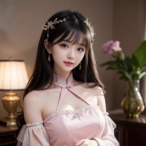 best quality, Delicate face,beautiful visual work, lifelike, eternity, black hair, Long curly hair, blunt bangs, Smile, Detailed Background, Delicate face,pink blush,cold,((masterpiece))、(top quality)、8k、high detail、Super detailed,21 years old female,Wearing Chinese cheongsam、Seductive and whimsical style、masterpiece、born、Scenes resembling fairy tale illustrations、Intricate details and complex designs、Beautifully、magic、capricious、 Beautifully、Dream aesthetics、「𝓡𝓸𝓶𝓪𝓷𝓽𝓲𝓬、ethereal、charming、fickle、magic」、Realism、Visual effects、FXAA、SSAO、Shaders、voiceless、ambient lighting、Tone mapping、High resolution、Ultra high quality、Million pixels、(8K resolution:1.10)、8k、Below 8K、8K resolution、high detail、intricate details, (high quality:1.2、masterpiece:1.2、:1.21)、(21 years old female:1.21)、(Smile excitedly)、(Surrounded by the dreamy atmosphere、Model diagram,full-body shot,Normal 2 feet,Don't show your fingers