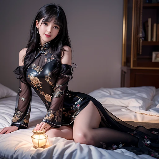 best quality, Delicate face,beautiful visual work, lifelike, eternity, black hair, Long curly hair, blunt bangs, Smile, Detailed Background, Delicate face,pink blush,cold,((masterpiece))、(top quality)、8k、high detail、Super detailed,21 years old female,Wearing Chinese cheongsam、Seductive and whimsical style、masterpiece、born、Scenes resembling fairy tale illustrations、Intricate details and complex designs、Beautifully、magic、capricious、 Beautifully、Dream aesthetics、「𝓡𝓸𝓶𝓪𝓷𝓽𝓲𝓬、ethereal、charming、fickle、magic」、Realism、Visual effects、FXAA、SSAO、Shaders、voiceless、ambient lighting、Tone mapping、High resolution、Ultra high quality、Million pixels、(8K resolution:1.10)、8k、Below 8K、8K resolution、high detail、intricate details, (high quality:1.2、masterpiece:1.2、:1.21)、(21 years old female:1.21)、(Smile excitedly)、(Surrounded by the dreamy atmosphere、Model diagram,full-body shot,Normal 2 feet,Don't show your fingers