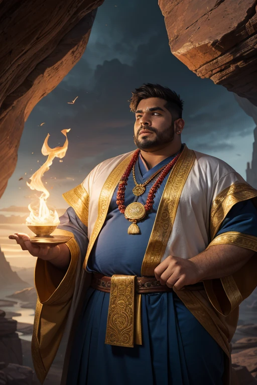 (8K, high definition, high quality, highly detailed) Handsome Indian Mage. chubby. hyper-masculine. chanting a spell. glowing magical hands. wearing long robes over cotton shirt. wearing long oriental pants. wearing an amulet. wearing an intricate sash as belt. windy weather. robes are blown by the wind. blue and gold color palette. desolate canyon on the background. overcast skies. somber atmosphere. blurred background.