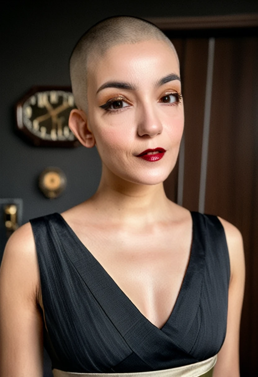 22 yrs Beautiful woman, short bald fade hair, right side hair part, ((bald fade)), Flowing sleeveless Dress, (close-up, editorial photograph), [[Wide-angle photo]], (background inside dark, moody, private study:1.3), full body portrait, by lee jeffries, nikon d850, film stock photograph, 4 kodak portra 400, camera f1.6 lens, rich colors, hyper realistic, lifelike texture, dramatic lighting, cinestill 800, eye contact, faint smile, 1920s style, , soft makeup, Dark Hazel eyes, Eye contact, young woman in her 20's,
