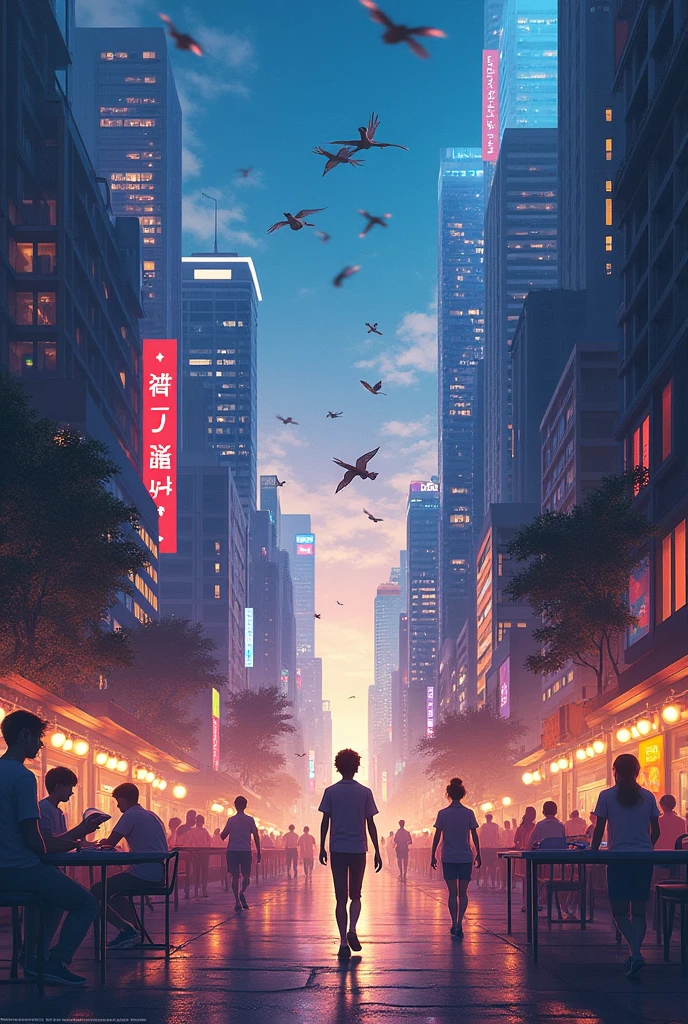 Create an image that describes your taste for the city, go out at night, study, playing soccer and walking in the city