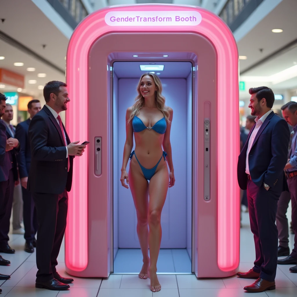 A woman with colossal breasts and a blue bikini exits a large pink technological futuristic booth at the mall. It has a sign that says “gender transformation booth”. She has a euphoric smile look on her face. There are various different men lined up to go into the booth. They can’t believe how good she looks.